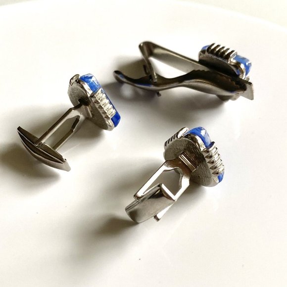 Cuff Link Tie Clip 3 Piece Set Blue Stones Silver Toned.........40 - Picture 8 of 8
